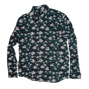 Mickey Mouse Disney H&M Button Down Shirt Mens M Teal Regular Fit Long Sleeve